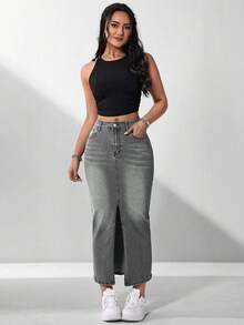 Flexra Chân váy denim ôm dáng, xẻ tà cao, thích hợp cho nữ đi làm hàng ngày. - Xám - Xem 5