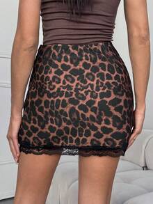 Lavishia Leopard Print Lace Patchwork Front Slit Skirt - Brown - View 2