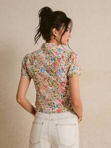 Poéselle 女士优雅小碎花印花系带衬衫，夏季 - 粉色 - 查看 2