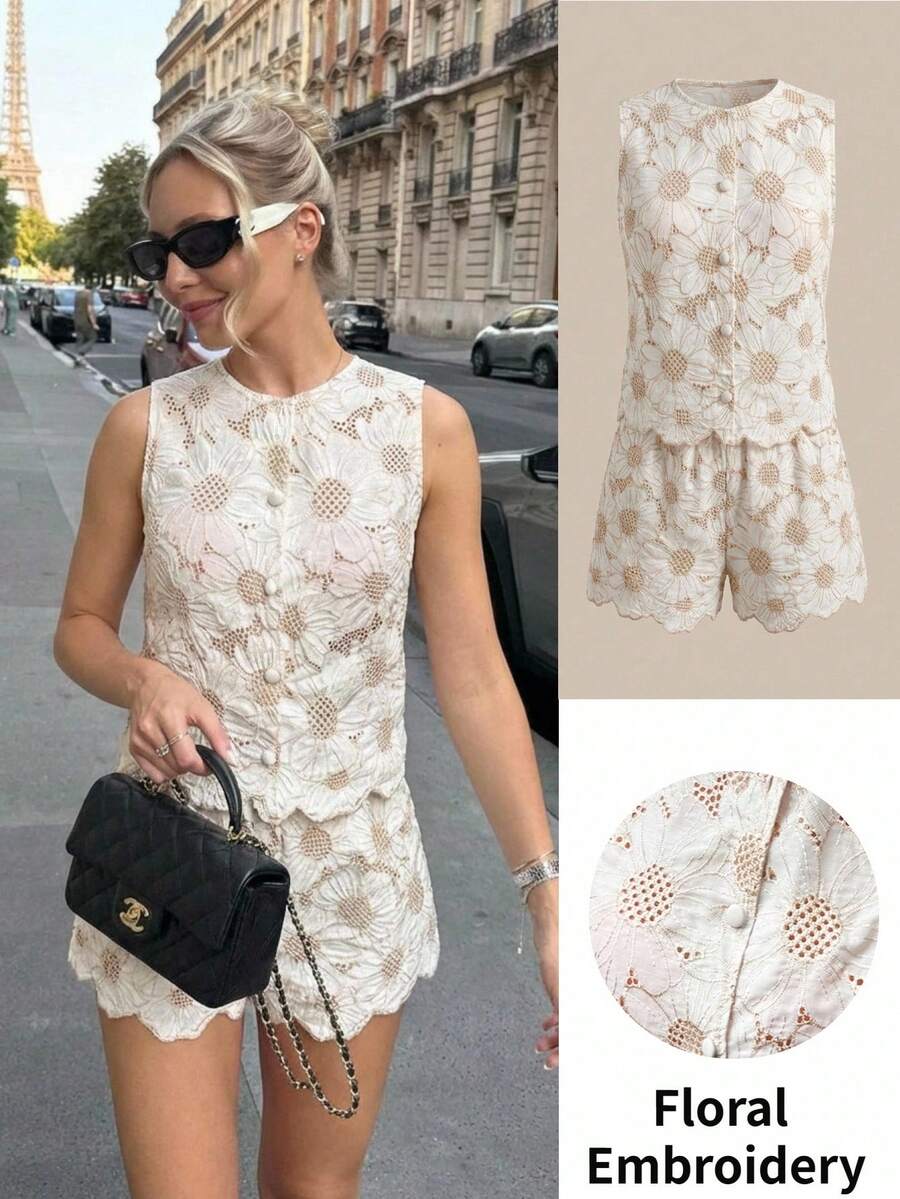 Serisse 女士花卉刺绣镂空单排扣背心和短裤休闲两件套 - 杏色 - 查看 1