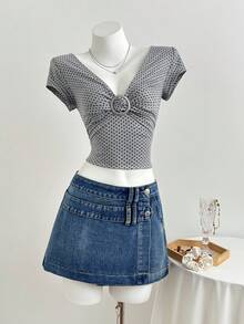 Elamini Women's Casual Denim Skirt With Button Waist Design - Medium Wash - View 3