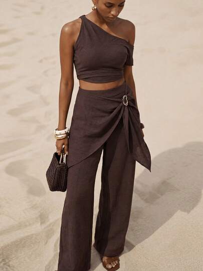 Zivah 2026 Spring/Summer New Music Festival, Easter, St. Patrick's Day, Valentine's Day, Date, Western, Nomadic, Birthday Party, Graduation, College, Student, Daily Wear, All-Match, Casual, Vacation, Cruise, Beach, Sunbathing, Viral Hit, Streetwear, Wedding Guest, Boho, Commute, Brunch, Airport, Party, Holiday Outing, Office Wear Women's Brown Linen Texture Flared Pants With Waist Tie, Double Layer Flowy Leg, Pockets