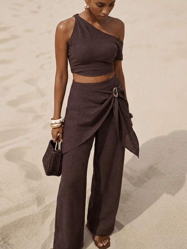 Zivah 2026 Spring/Summer New Music Festival, Easter, St. Patrick's Day, Valentine's Day, Date, Western, Nomadic, Birthday Party, Graduation, College, Student, Daily Wear, All-Match, Casual, Vacation, Cruise, Beach, Sunbathing, Viral Hit, Streetwear, Wedding Guest, Boho, Commute, Brunch, Airport, Party, Holiday Outing, Office Wear Women's Brown Linen Texture Flared Pants With Waist Tie, Double Layer Flowy Leg, Pockets