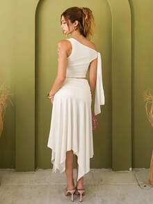 Ananda Vibes Women's Solid Color Asymmetric Shoulder Tie Blouse + Asymmetrical Hem High-Slit Ruched Skirt Graduation Dress Set - White - View 2