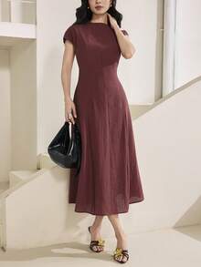 Heiryn New Korean Style Asymmetric V-Neck Cap Sleeve High Waist Slimming A-Line Elegant Commuter Dress,Work Dress - Brown - View 5
