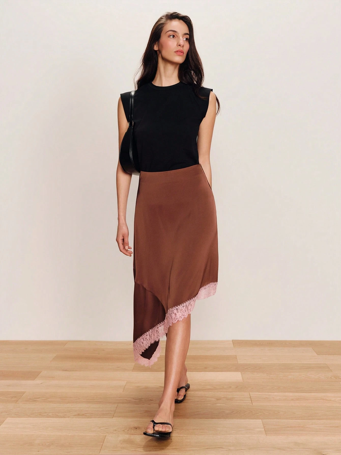 Chocolate Brown Satin Asymmetric Midi Skirt With Contrast Pink Lace Hem Going Out Satin Skirt Spring Summer French Style Parisian Style Casual Outfits