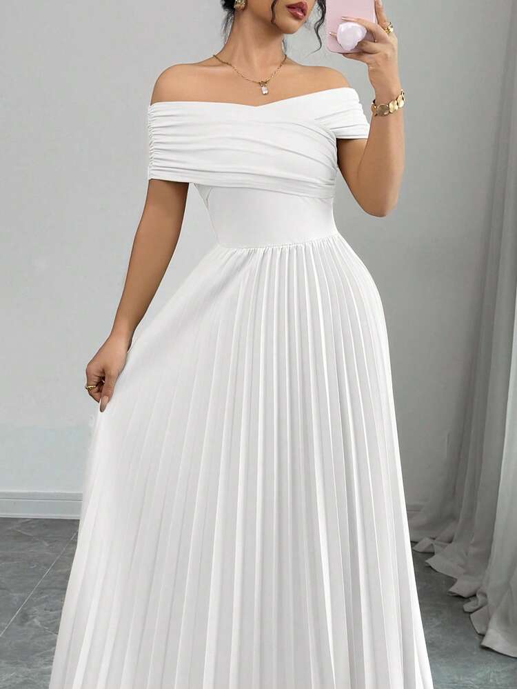 Elenzga Women's Solid Color Off Shoulder Pleated Waist Long Party Dress Birthday Dress For Women Modest Outfits For Women Wedding Guest Outfit For Women Gala Dress Long Summer Dress Luxury Evening Dresses For Women Dinner Dress For Women Wrap Dresses For Women Summer Outfit - White - View 4