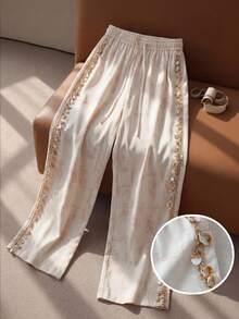 SHEIN Clasi Nuevos pantalones casuales de talla grande con detalles de concha, adecuados para vacaciones de primavera y verano - Albaricoque - Ver 1