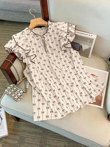 GlowEve CURVE Women's Plus Size Beige Floral Bow Print Blouse,Elegant Summer Tea Party Ruffle Trim Tie Waist Sleeveless Top,Cute Casual Working Outfits Blouses - Apricot - View 5