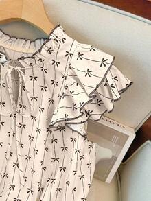 GlowEve CURVE Women's Plus Size Beige Floral Bow Print Blouse,Elegant Summer Tea Party Ruffle Trim Tie Waist Sleeveless Top,Cute Casual Working Outfits Blouses - Apricot - View 6