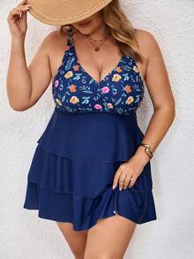 SHEIN CURVE+ Plus Size Women's Printed Simple Daily Sleeveless Tankini Summer, Vacation & Beach For Summer,Beach Outfits For Woman,Bathing Suits - Blue - View 1