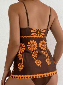 SHEIN Swim 两件套女士高弹绿色印花比基尼套装，包含印花抹胸上衣和纯色三角泳裤，优雅比基尼套装，适合春夏海滩派对 - 彩色 - 查看 2