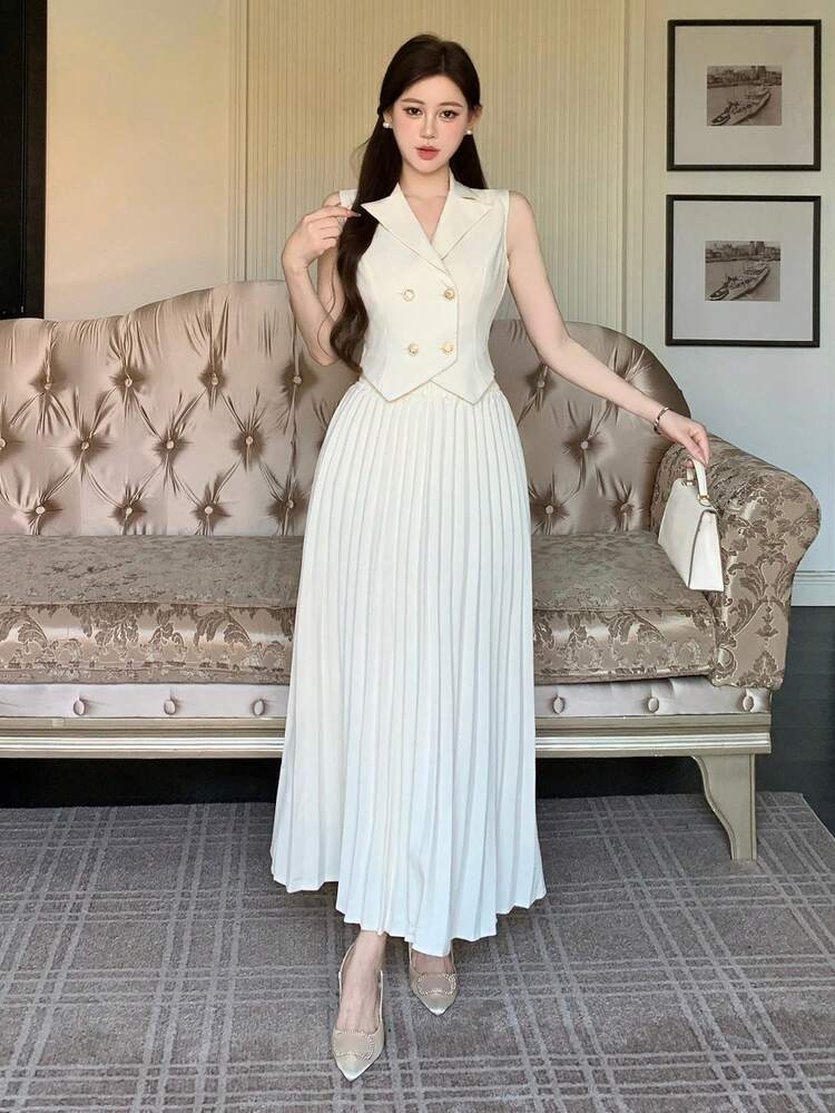 Women's Solid Color Double-Breasted Top And Skirt Casual 2 Pieces Set