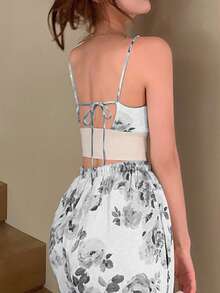 Pariaura Petite 2 Stücke/Set Damen Blumen Muster Crop Top und Hohe Taille Weite Bein Hose 2 Teiliges Set lässig Outfit für Frauen 2 Stücke Outfit - Schwarz - Übersicht 2
