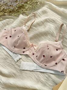 心形印花鋼圈胸罩內衣 - 杏色 - 查看 5