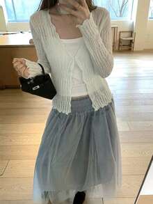 INAWLY Áo khoác cardigan dệt kim tay dài cổ chữ V viền ren tinh tế, dáng ngắn, nhẹ, thoáng khí, chống nắng mùa hè dành cho nữ. - Màu xanh chanh - Xem 5
