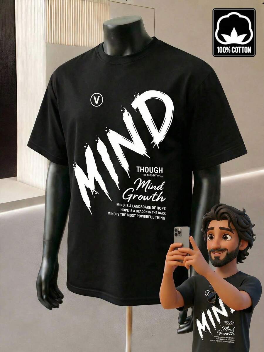 Manfinity Homme Camiseta de manga corta con estampado de eslogan para hombre - Negro - Ver 1