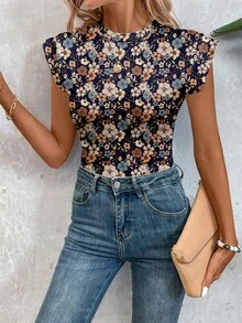 SHEIN LUNE Women's Casual Floral Print Bodysuit, Suitable For Spring And Summer, Retro Floral Pattern - Multicolor - View 4