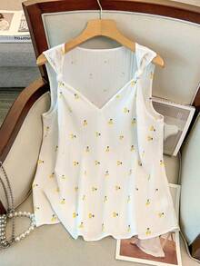 GlowEve CURVE Plus Size Cherry Print Twist Front Sleeveless Summer Shirt - Yellow - View 1