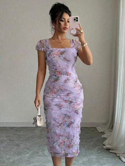 Elenzga Women's Elegant Romantic Mesh Printed Ruched Midi Dress, Suitable For Wedding Season, Party, Date, Casual Outing, Spring/Summer