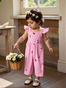 SHEIN Vintaside Kids Baby Girls' Casual Minimalist Cherry Print Ruffle Strap Romper, Beige, Suitable For Daily Wear, Outdoor, Photography, Spring/Summer Girls Summer Coord Cherry Baby Clothes - Pink - View 4