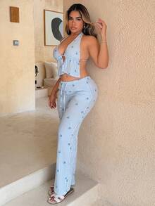 Maria Perezxox 2 Pezzi Completo Donna Canotta Senza Schienale Con Fiocco E Stampa A Righe Blu E Pantaloni Intrecciati - Blu - Visualizzare 5
