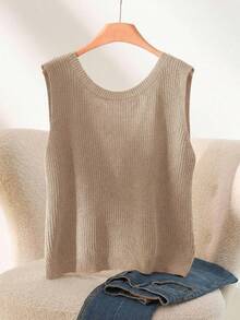 CosyJoli Plus Size Casual Twist Knot Sleeveless Knit Tank Top - Khaki - View 2