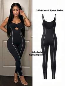 Slaydiva 早春新款，春夏音乐节，情人节，复活节休闲风，简约基础款，Y2K街头甜美风，网红热销款，日常约会，辣妹风，性感运动风，吊带，U领，镂空，修身长裤，撞色哈苏线装饰，V领，大露背，浅绿色长裤，女士紧身连体裤 -A - 黑色 - 查看 9