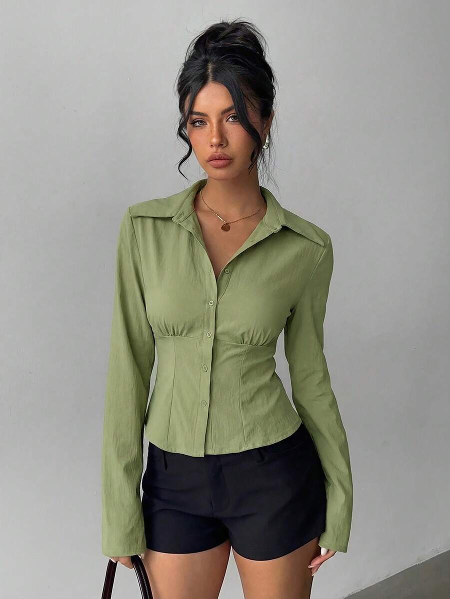 Aloruh Women's New Elegant Spring/Summer Commute & Daily Wear Simple Versatile White Short Sleeve Cinched Waist Pleated Long Sleeve Blouse - Army Green - View 1
