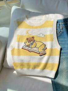 CovetEZ 夏季新款休闲简约奶油黄条纹泰迪熊图案短款针织上衣，适合上学穿着，柔和的奶油黄色调增添青春魅力！超显瘦颜色！ - 彩色 - 查看 6