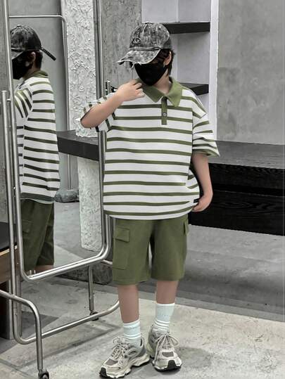 Vacaura 2pcs/Set Teenage Boys' Summer Striped Print Short Sleeve Polo Shirt And Casual Shorts, Fashionable And Versatile