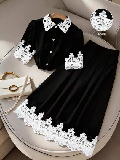 GlowEve CURVE Plus Size 2-Piece Set: Striped Ruffle Trim Short Sleeve Shirt With Button And A-Line Skirt, Casual Vacation Outfit