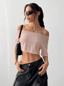 SHEIN Unity Camiseta de manga corta blanca de mujer con hombros descubiertos, recortada, con dobladillo deshilachado, oversize, versátil, de estilo Y2K, de moda y sexy, para primavera/verano - Rosa Pálido - Ver 5