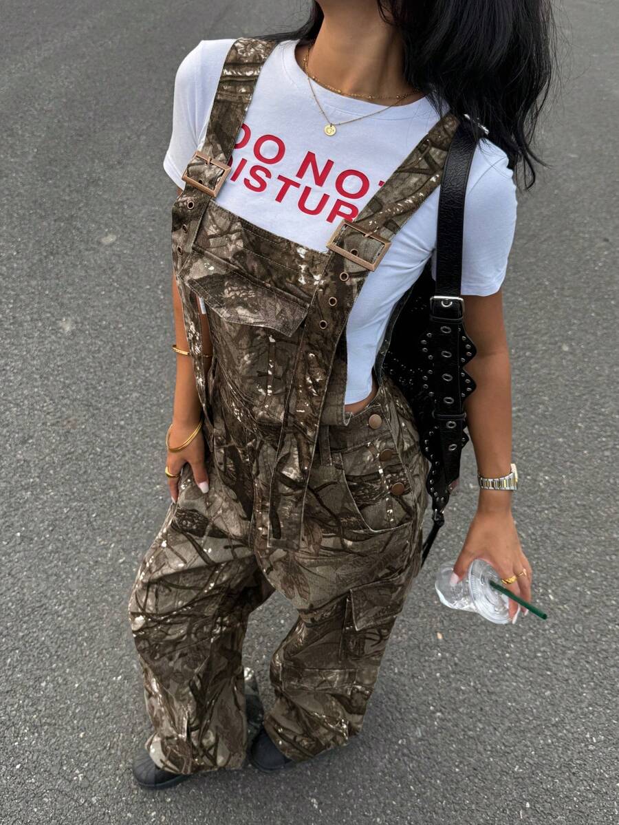 SHEIN ICON Quần yếm denim nữ in họa tiết toàn thân, phong cách đường phố thường ngày. - Màu Khaki - Xem 1