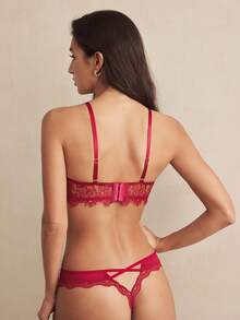 Charlaine Women's Solid Color Lace Patchwork Sheer Sexy Lingerie Bra - Burgundy - View 3
