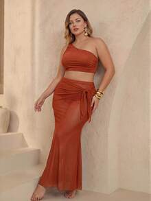 Swim Oasis 大码单肩高腰吊带泳衣套装，带网纱裹裙，三件套度假泳装 - 棕色 - 查看 3