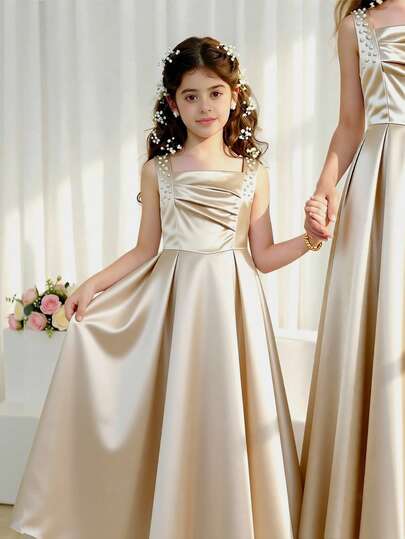 SHEIN Vestido sin mangas con cuello cuadrado y decoración de perlas para niñas preadolescentes