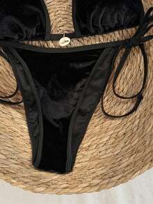 Swim Vcay Conjunto de bikini de 2 piezas con tirantes de espagueti, cuello halter, espalda descubierta y lazos laterales, de terciopelo negro, para primavera/verano 2026 para mujeres - Negro - Ver 4