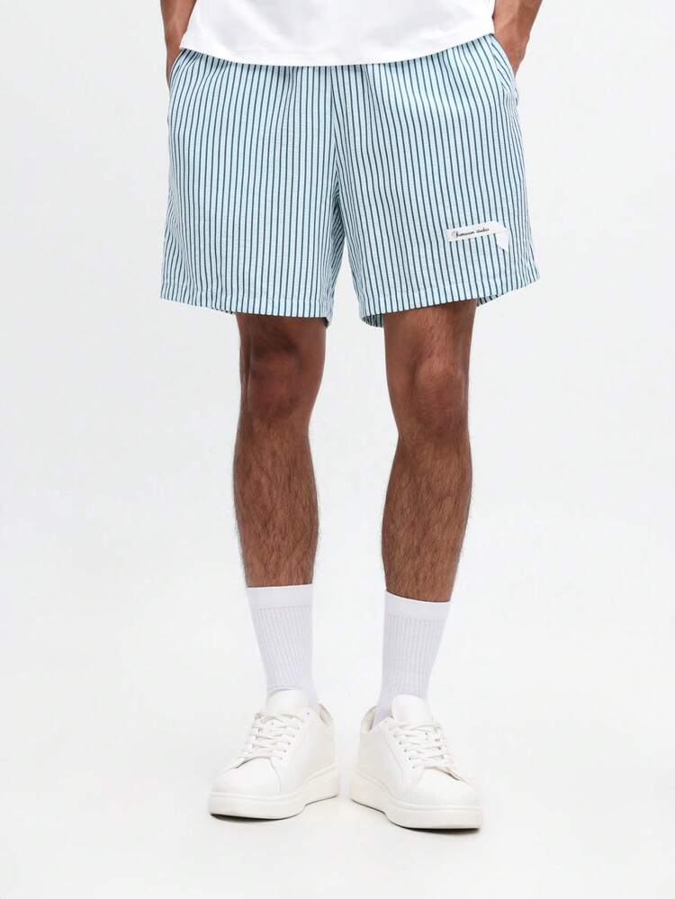 Shorts Casuais Masculinas com Listras Verticais para Verão, com Bolsos Laterais, Ajuste Regular, Cordão na Cintura, Estilo Shorts para Praia e Férias