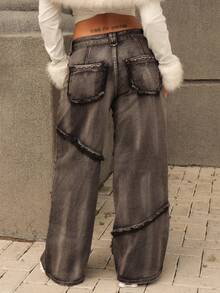 Rayane Ketlyn Jeans vintage délavé à jambes larges, taille basse, avec décoration de rivets style punk Y2K - Noir - Voir 2