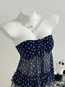 Elamini 女士夏季休闲纯黑色波点网纱性感抹胸上衣 - 藏蓝色 - 查看 3