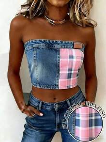 EMERY ROSE Áo croptop ống ngắn nữ in họa tiết kẻ caro hiệu ứng denim mới - Nhiều màu - Xem 1