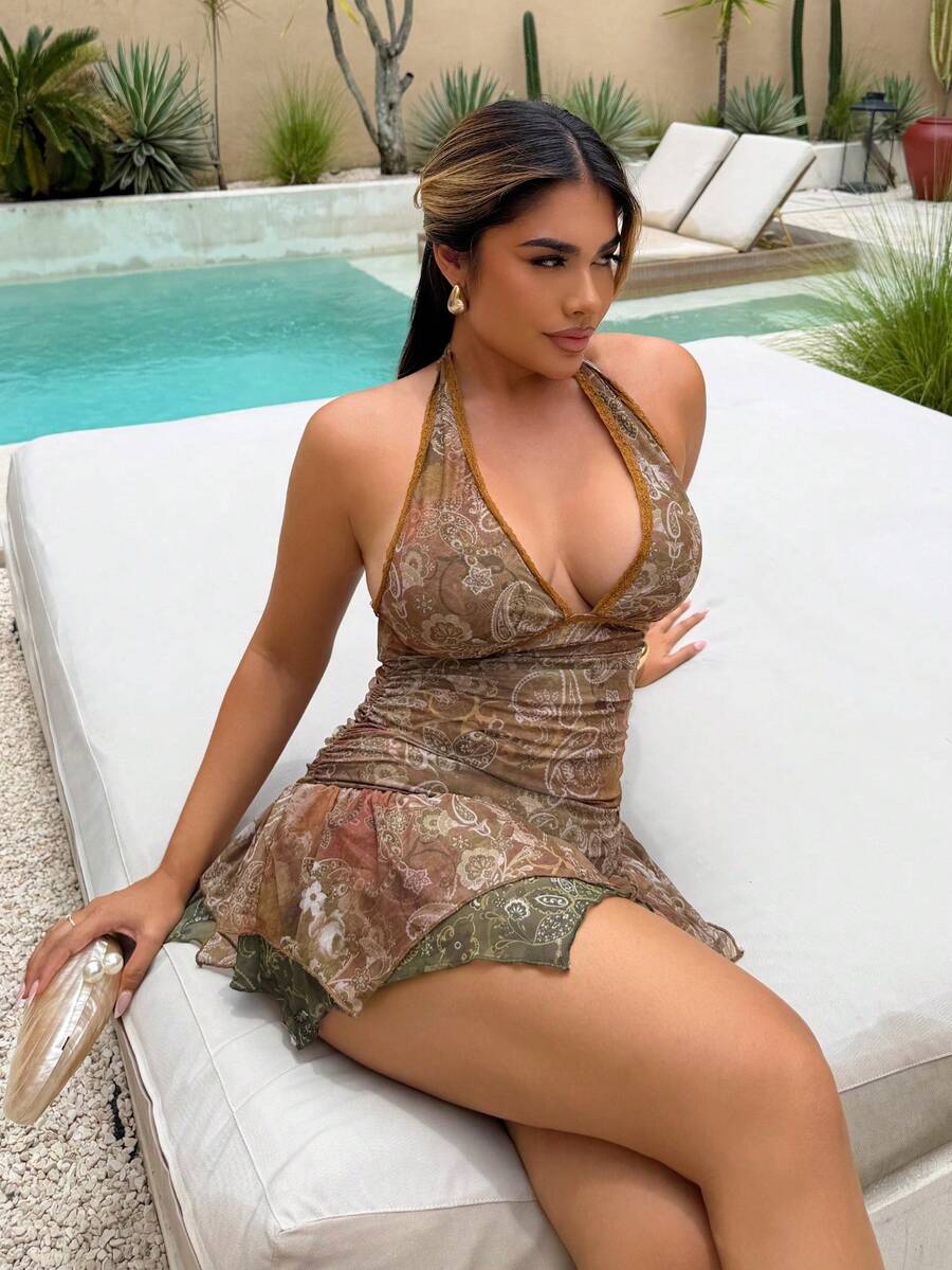 Maria Perezxox Robe moulante mini asymétrique froncée avec imprimé cachemire color block rétro, tenue de club sexy pour femmes, soirée - Marron - Voir 1