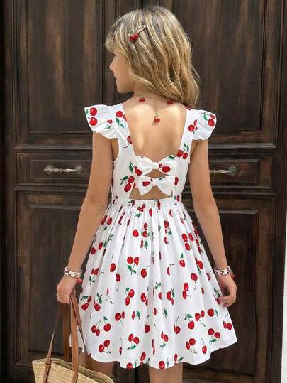 Vestido de niña preadolescente con estampado de cerezas, fresco y dulce, con mangas abultadas + diseño de lazo hueco en la espalda que ciñe la cintura y falda acampanada, de tela suave y cómoda, adecuado para salidas y reuniones de verano, lleno de vitalidad juvenil