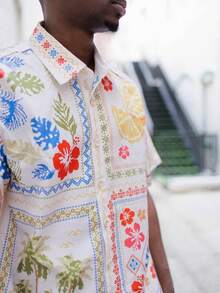 BelSigned BelSigned Camisa corta de hombre con estampado floral de estilo callejero de moda, estilo streetwear - Albaricoque - Ver 3