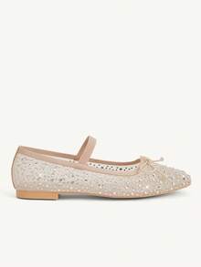 CUCCOO CHICEST Women Shoes Spring And Summer Fashion Apricot Full Diamond Mesh Yarn Small Bow Elastic Band Women's Flat Shoes Elegant Comfortable Breathable Cute Sweet Mary Jane Flat Women's Shoes - Dark apricot - View 4