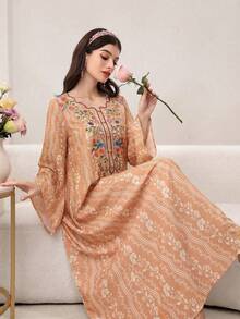 Yasmyna Đầm nữ in hoa kiểu Ả Rập, thích hợp cho tiệc tùng và du lịch. - trái cam - Xem 3