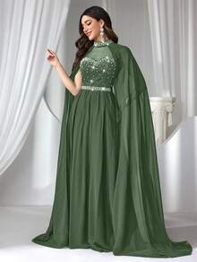 Coutiva 女士水钻和仿珍珠装饰正式晚礼服（重工装饰） - 軍綠色 - 查看 3