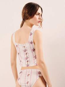 lacRébo Pink Floral Stripe French Print Square Neck Strap Top And Matching Knicker Sleepwear Set Spring - White - View 2