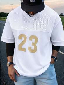 Manfinity Homme Men's White V-Neck Mesh Short Sleeve Sports T-Shirt,Summer Streetwear City Break White And Gold Basketball Jersey Football Tshirt With Numeric Print - White - View 6